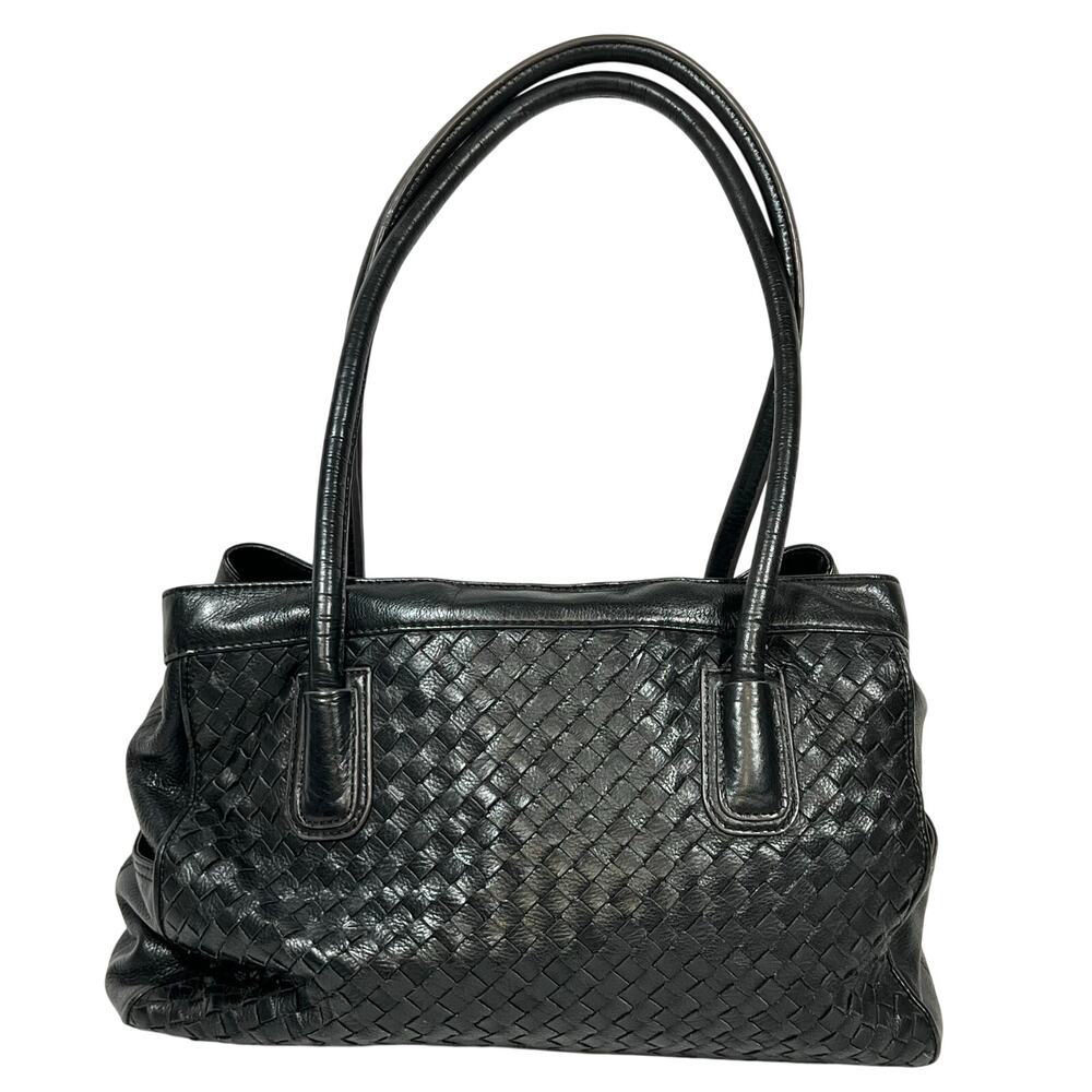 B. Makowsky Shoulder Tote Bag Purse Black Woven Braided Leather Leopard Lining - Picture 2 of 12